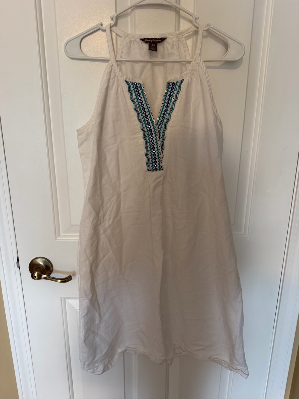 Tommy Bahama White Halter Mini Dress with Teal & Navy Embroidery